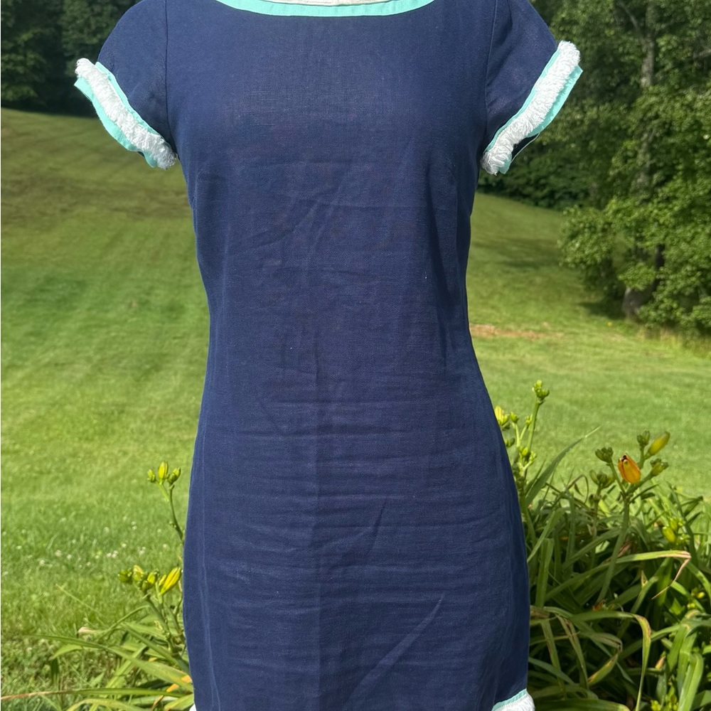 Sail to Sable Navy Linen Dress with Mint and White Trim